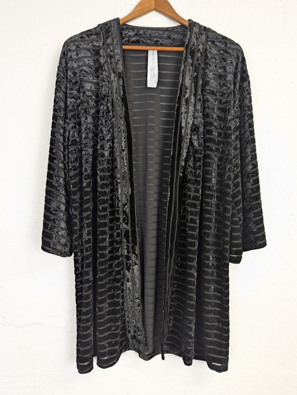 Black Velvet Burnout Duster Robe Striped Semi Sheer Cozy Soft Layer Womens Small